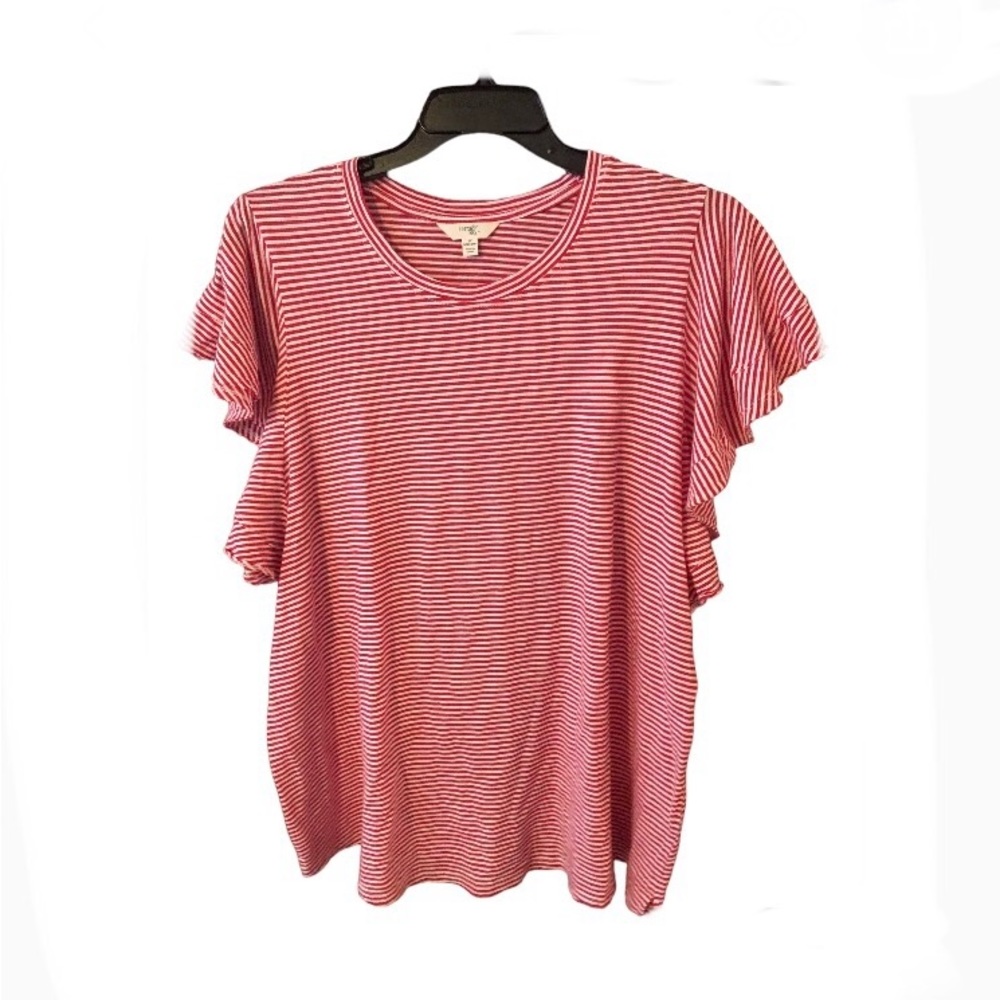 NWT terra & sky women’s T-shirt, pink and white stripe, fluffy sleeve, 1X - Picture 1 of 5